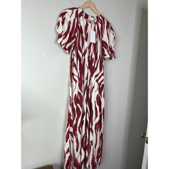 NWT Anine Bing Dahlia Zebra Drop Waist Pleated Skirt Red and Cream Midi Dress - Picture 3 of 9
